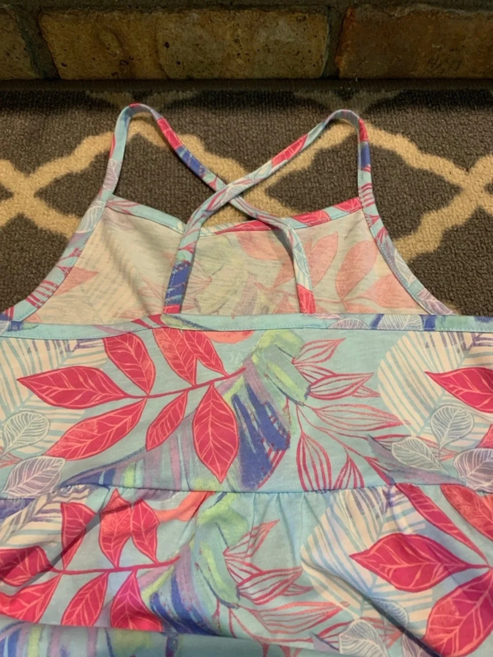 Girl's Tropical Leaf Print Sundress in Aqua and Pink size large NWT